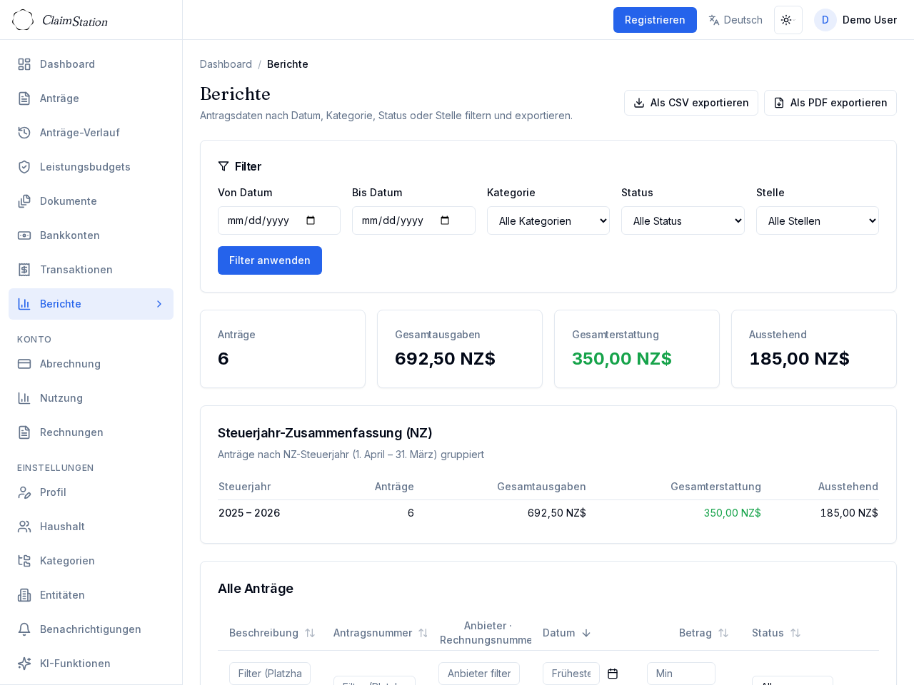 ClaimStation Berichtsansicht